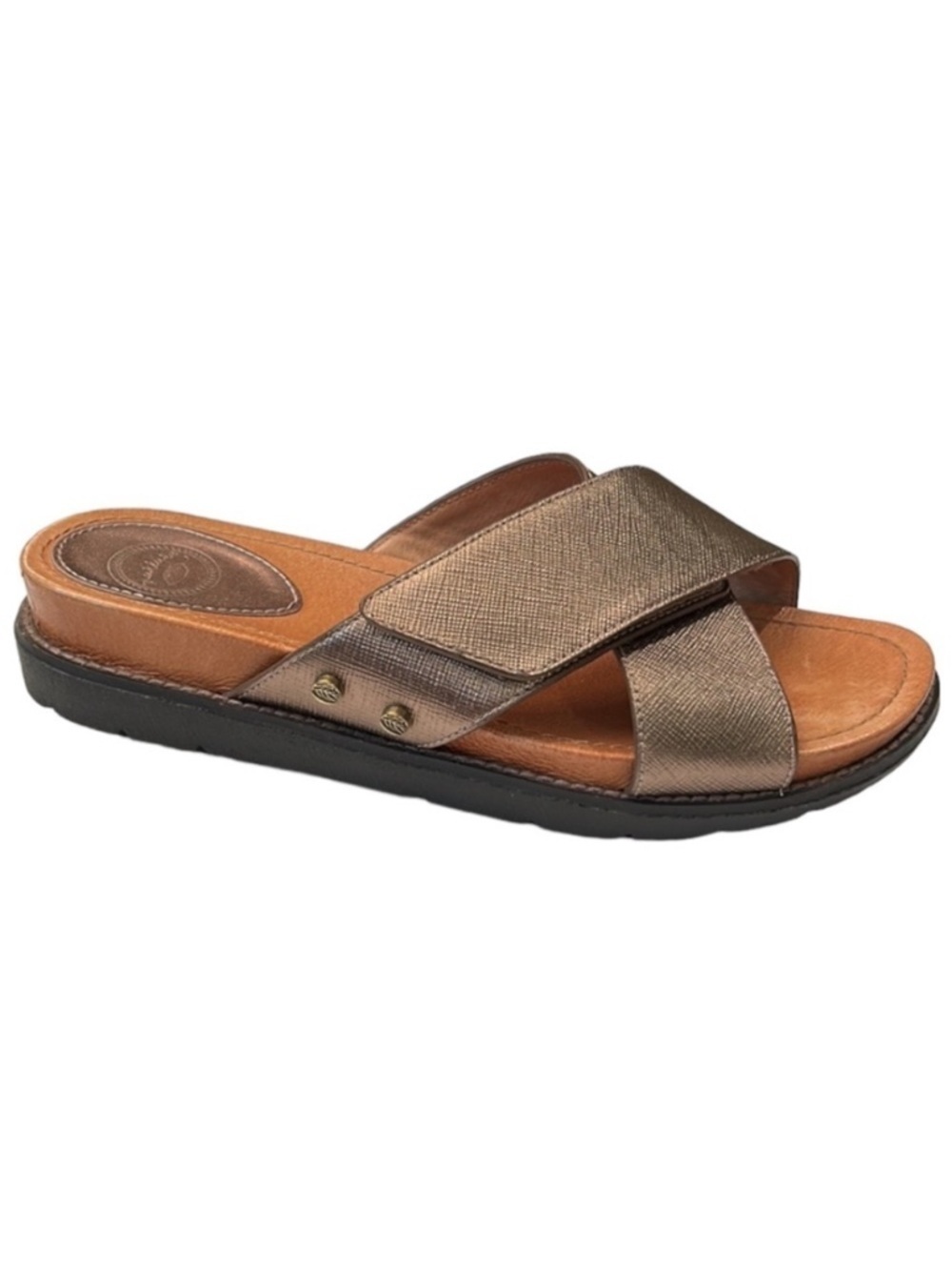 Nuture metallic bronze leather cross cross Velcro slip on sandals